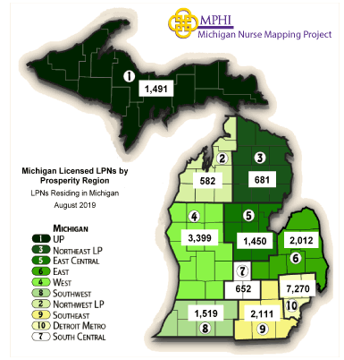 Michigan map of LPNs by prosperity region in 2017